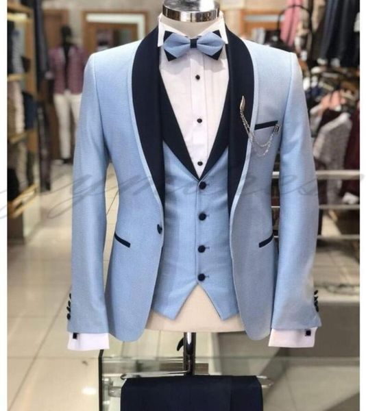 

light blue wedding groom tuxedos for mens suits black shawl lapel one button 3 piece suit blazer prom suit jackets vestpantsb9214528, Black;gray