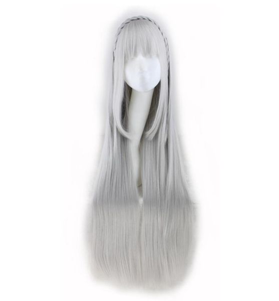 

woodfestival long straight wig with bangs life in a different world from zero emilia cosplay anime wig grey have braid fiber hair 8393490, Black
