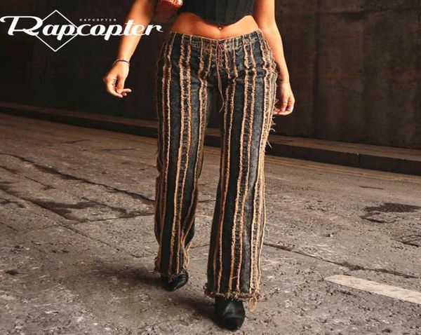 

rapcopter cross tie up jeans y2k retro denim pants streetwear harajuku cargo pants women patched tassel jeans mom trousers 90s h092548724, Blue