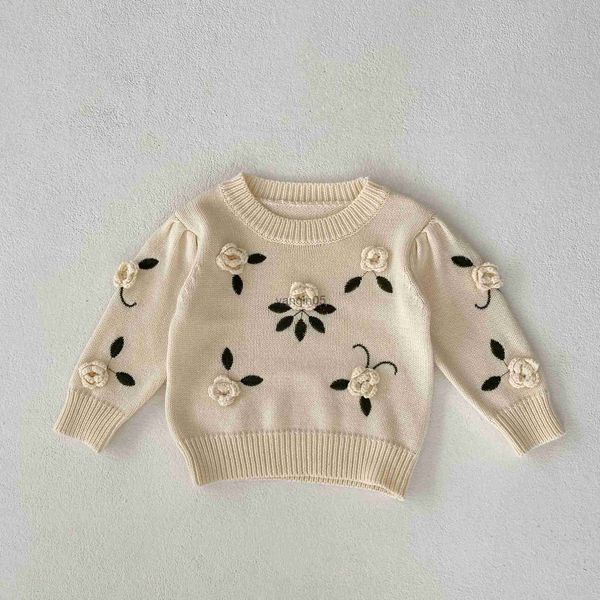 

pullover new autumn winter boy children handmade flower embroidery pullover sweater girl infant knitted casual baby cotton knitsuit hkd2307, Blue