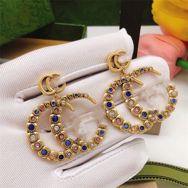 

double letter g brand stud earrings colorful diamond brass material ggity big hoop earring women's wedding party designer jewelry 21343, Golden;silver