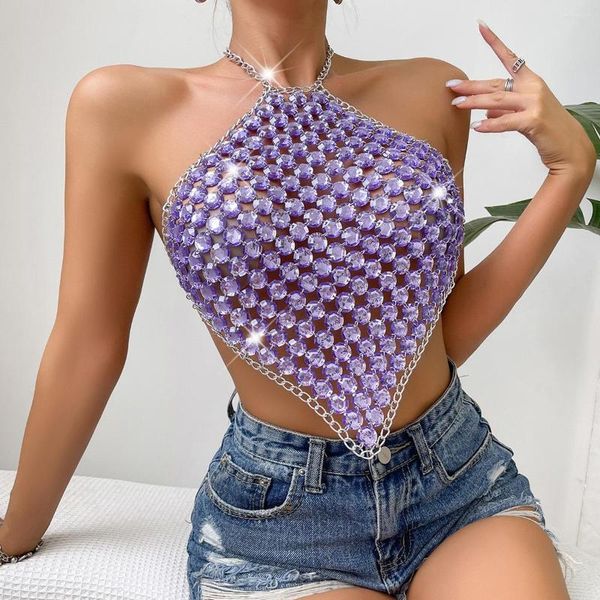 

women's tanks purple crystal beads camis halter vest summer night clubwear feamale backless diamonds hollow out breast body, White
