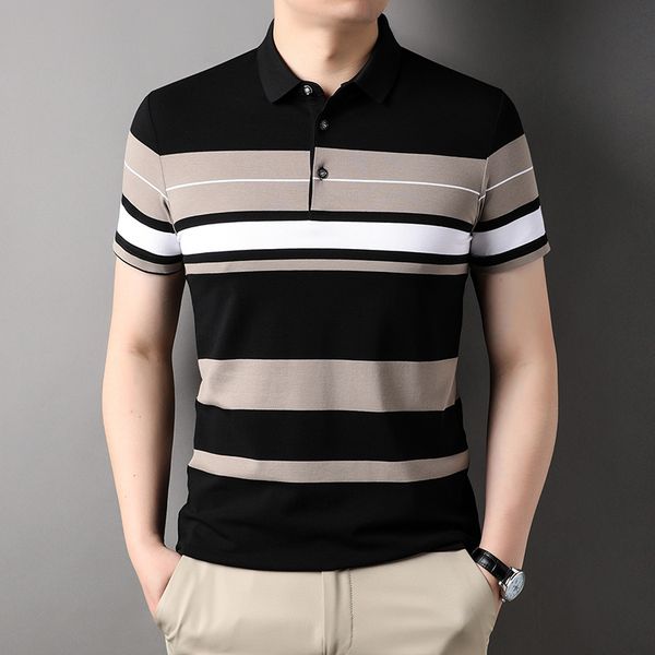 

men's polos polo shirts korea man golf summer striped print button clothing business style male streetwear short sleeve tshirt 230718, White;black