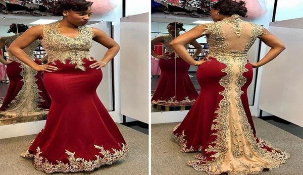 

2020 new african burgundy mermaid prom dresses sleeveless gold lace applique sweep train black girl plus size evening dress wear p1516065