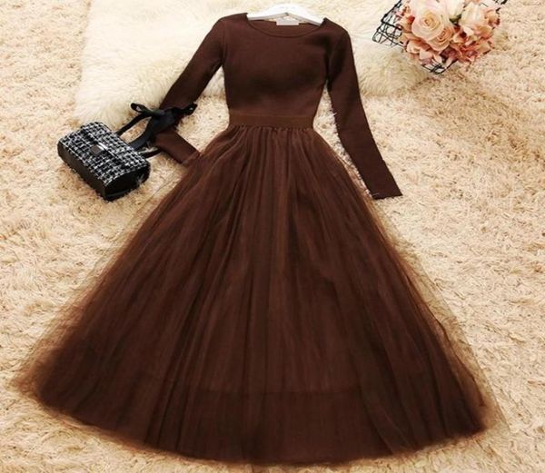 

female knit mesh patchwork dress long sleeve ball gown elegant woman knitted aline dresses4875515, Black;gray