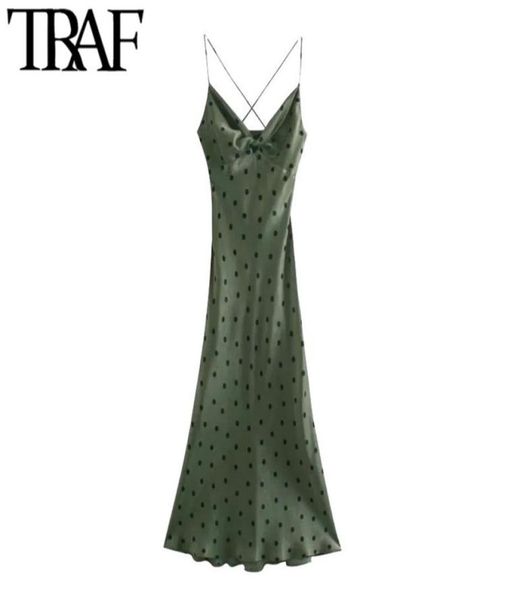

traf women chic fashion with knot polka dot midi dress vintage backless cross thin straps female dresses vestidos mujer 2103201785817, Black;gray