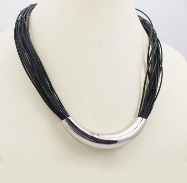 

new fashion genuine leather women necklace with big stainless steel plain tube chokers necklaces gifts for valen3641392, Silver