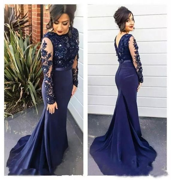 

vestidos sheer high neck lace mermaid evening dresses navy blue illusion long sleeves prom dresses appliqued sweep train party gow2725662, Black;red
