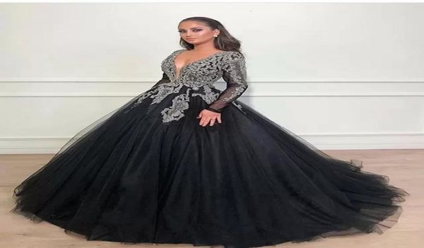 

dubai arabic black evening gown prom dresses v neck long sleeves sequined beads lace applique sweet 16 dresses a line quinceanera 6984359, Black;red