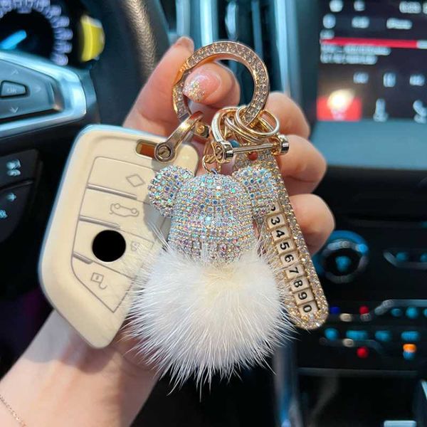 

key rings rhinestone bear keychain mink hair pom key chain pendant key chain customized number plate car bag charm pendant accessories l2307, Slivery;golden