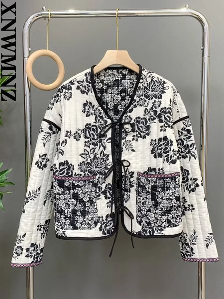 

women's jackets xnwmnz women fashion print quilted jacket woman retro v neck tie winter warm padded female chic reversible 230719, Black;brown