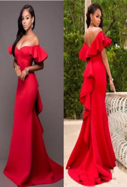 

2019 off shoulder satin custom made prom dresses mermaid ruffle back long women bridal party wear formal evening gown arabia4899255, Black