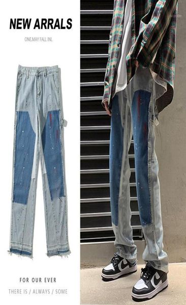 

men039s jeans men graffiti patch trendy loose leisure patchwork male denim pants retro splice straight trousers baggy cowboy st5515280535, Blue