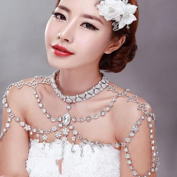 

2019 stunning shoulder chain fashion noble crystal bridal necklace temperament beading wedding accessories8233707, White
