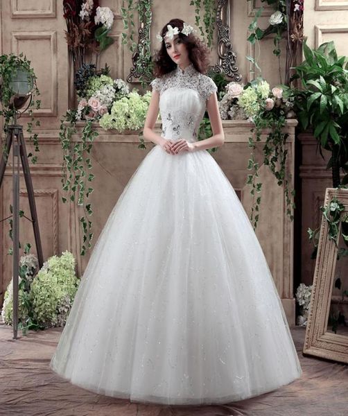 

new arrive korean style large size vintage wedding dress lace embroidery diamond bride dress custom made size4264140, White