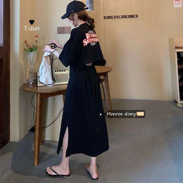 

cotton dress hollowed out back slimming high waisted summer korean short sleeved students long skirt, Black;gray