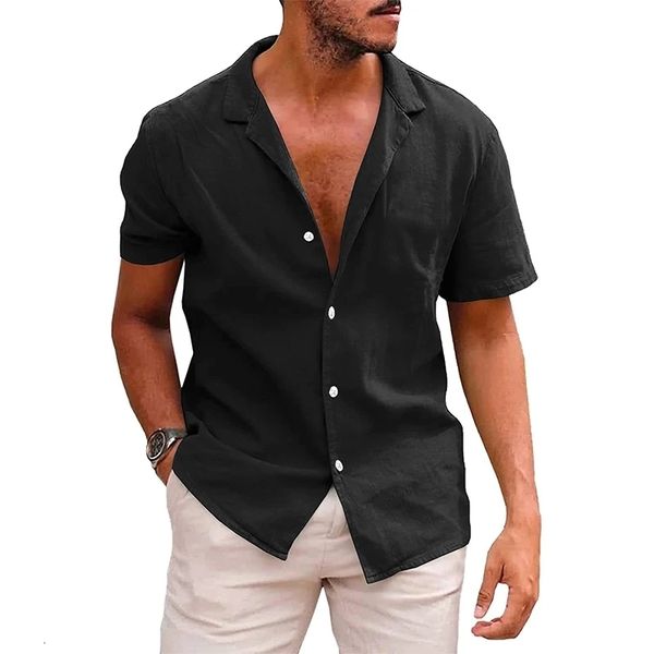 

men's polos summer casual solid color blouse cotton linen short sleeve shirt loose cardigan comfy breathable beach male p230718, White;black