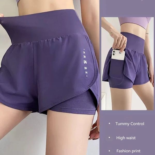 

women's shorts gym sports shorts women's elastic high waisted shorts with pockets fake two-piece yoga legs running training shorts, White;black