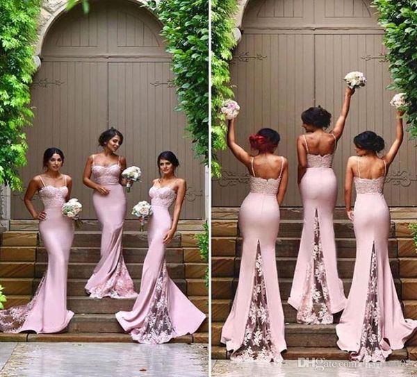 

spaghetti straps mermaid bridesmaid dresses maid of honor gown vestido madrinha lace appliques sweep train8314522, White;pink