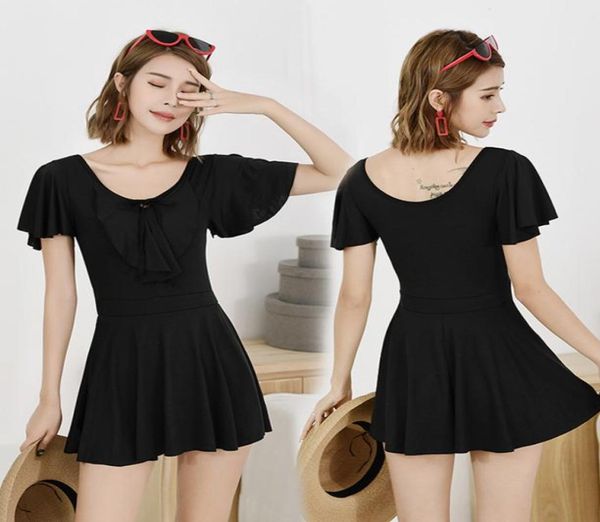 

solid color one piece swimsuit with lace neckline sleeve flat skirt conservative belly covering style6462795