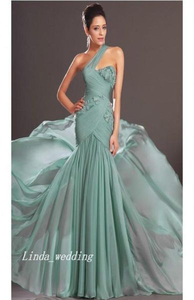 

fluffy modern mint green trumpet mermaid oneshoulder sleeveless sweep brush train chiffon applique evening dresses7164742, Black;red