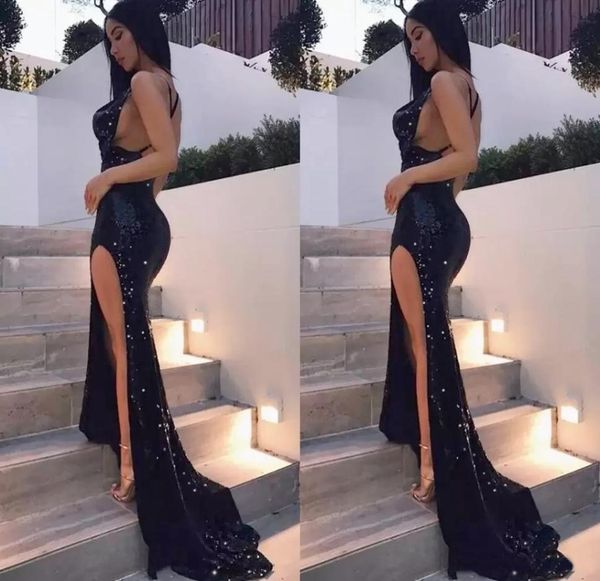 

black sequin mermaid prom dresses custom made side split evening celebrity gowns crystal vestidos festa red carpet party dres1284659