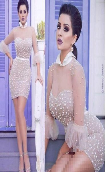 

luxury pearls high neck illusion long sleeve cocktail party dresses modest saudi arabia plus size short prom occasion dress9565294, Black