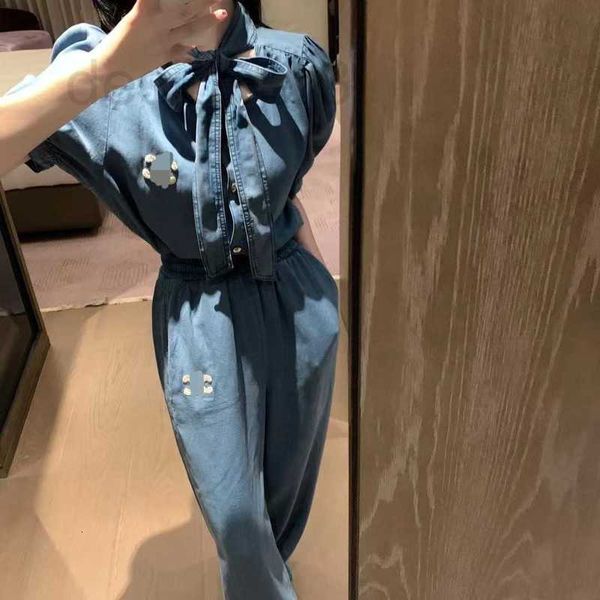 

women's two piece pants designer letter tencel denim short sleeve ultra thin soft wide leg loose straight set 4lzr, White