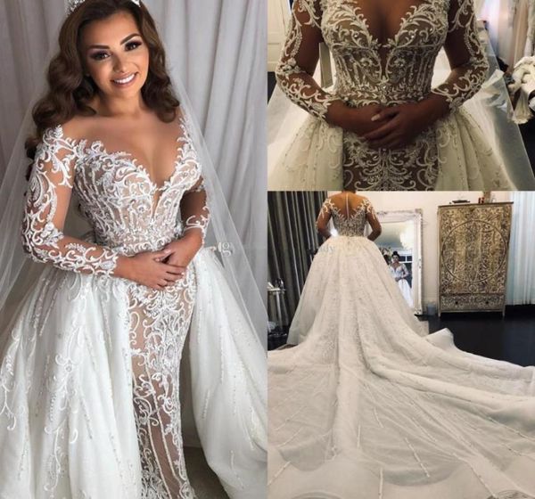 

long sleeve middle east mermaid wedding dresses with overskirt detachable train lace sparkly beaded arabic princess wedding gown3008477, White