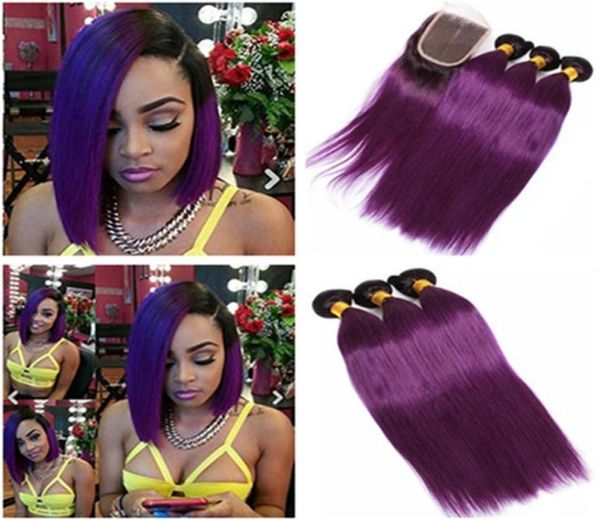 

straight purple ombre virgin peruvian human hair bundle deals with closure 4pcs lot two tone 1bpurple ombre weaves with 4x4 lace 1153051, Black;brown