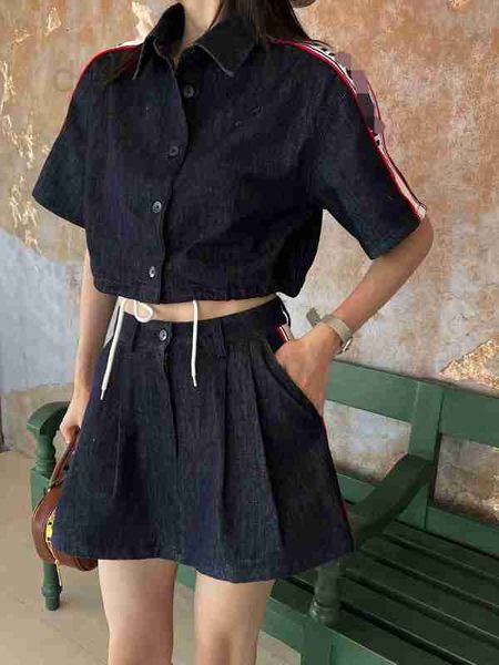 

two piece dress designer 23 summer polo neck short denim blouse sleeve high waist pleated skirt set casual yae8, White