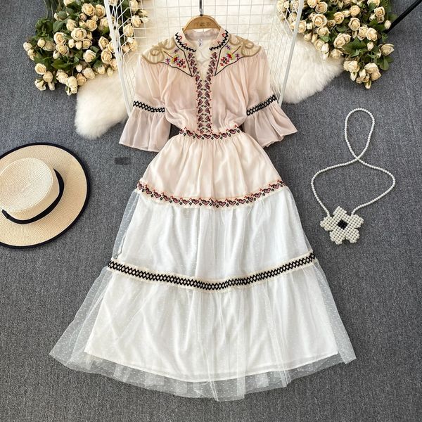 

vintage ethnic style speaker short sleeved v-neck mesh patchwork embroidered pleated waist slimming mid length a-line dress, Black;gray