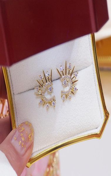 

stud trendy fine shiny sun flower earrings for women designer creativity luxury jewelry inlaid zircon s925 needle7944204, Golden;silver