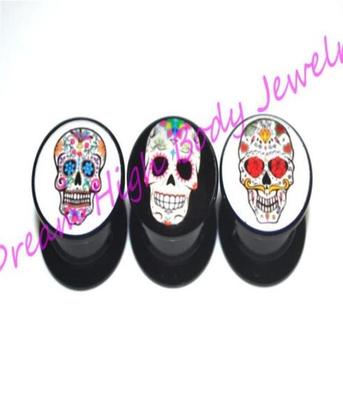 

sugar skull plugs acrylic ear gauge ear plugs flesh tunnels screw expander hollow stash popular body piercing jewelry new style7455570724, Silver