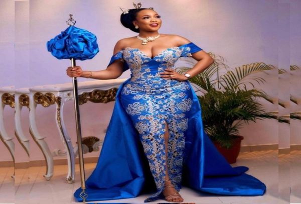 

aso ebi mermaid evening dresses blue off shoulder overskirt prom dress plus size women formal gowns front split robe de soiree de 3969853, Black;red