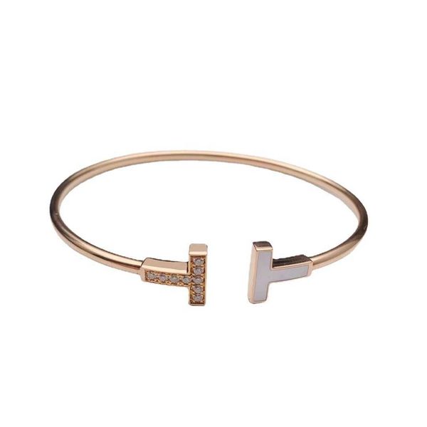 

r high version s925 silver tiffay classic double t diamond white fritillaria 18k rose gold open bracelet for women, Black