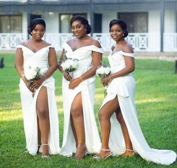 

african plus size mermaid bridesmaid dresses off shoulder high side split sweep train peplum pleats garden wedding guest party gow2839413, White;pink