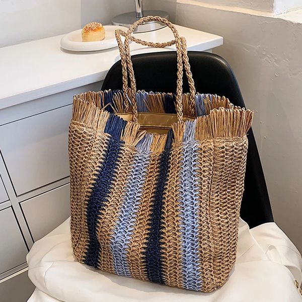 

other s striped beach straw large capacity shoulder for women handmade woven hand raffia rattan casual tote 230718, Black;red