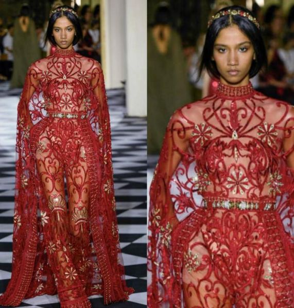 

luxury red formal jumpsuit evening dresses high neck crystal sequined lace prom dress sweep train sheath red carpet party gowns cu1049981, Black;red