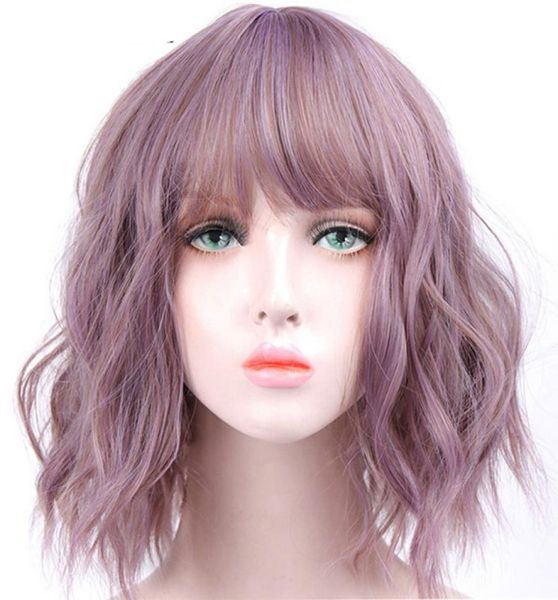 

wondero short wavy wige for black women african american synthetic bulk hair purple wigy with bangs heat resistant cosplay wig4158700