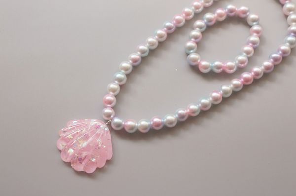 

beaded shell gradual color beaded bracelet necklace set colorful shiny imitation pearl jewelry, Silver