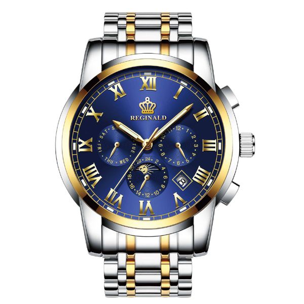 

men's watch automatic mechanical stainless steel sapphire 43mm multi-functional month luminous wristwatch, Slivery;black