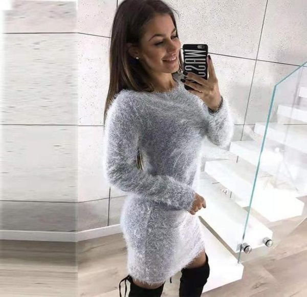 

casual dresses cinessd women plush bodycon dress round neck long sleeve gray autumn winter sheath office lady solid midi pullovers1594448, Black;gray