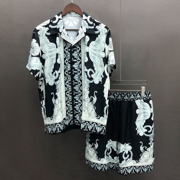 

men's tracksuits hawaiian shirt streetwear artistic abstract shirts streetwear hip hop casual beach holiday short sleeve suit men track, Gray