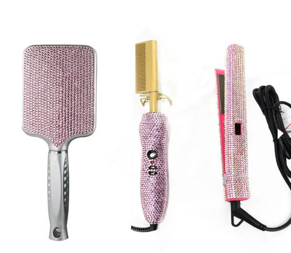 

diamond crystal hair flat iron straighteners curling brush hair dryer electric comb dryer bling hair wig boutique heating styl8093166, Black