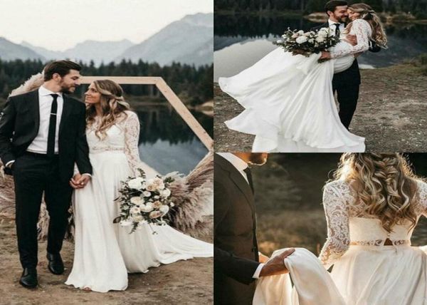 

bohemian beach wedding dresses with long sleeve full lace two pieces low back western country outdoor wedding dress bridal 2712322, White