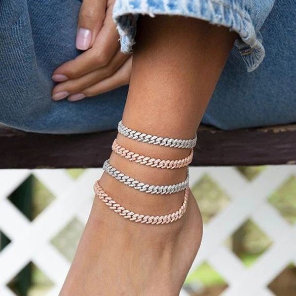 

anklets hip hop iced out glittering cubic zirconia paves 6.5mm miami curb cuban link chain leg ankle women's fashion jewelry 230718, Red;blue