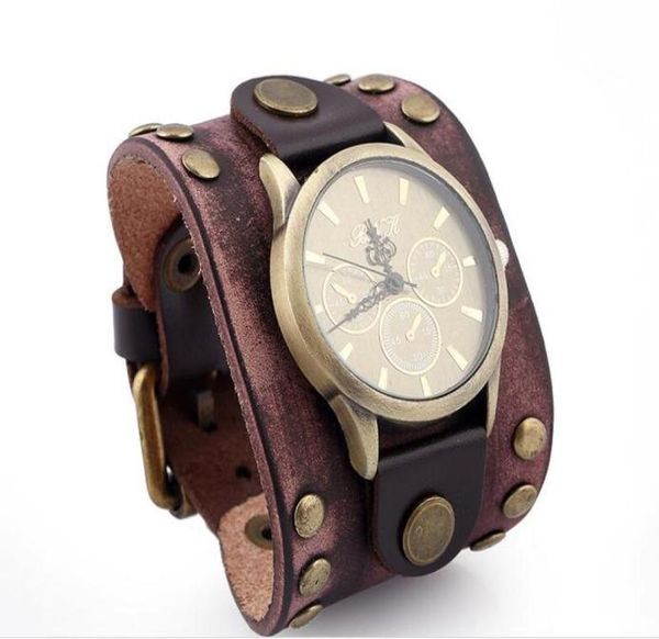 

2017 new fashion 100 genuine leather bracelet watch rivet wide bracelet 52mm men watch belt buckle retro leather bracelet watch2423271, Slivery;black