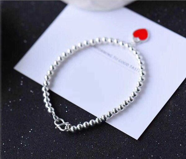 

s925 sterling silver tiffay simple beaded hangtag bracelet female round bead enamel peach heart shaped gift, Black