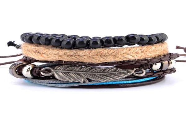

multibundle set bracelet handmade leather handicraft wooden bead weave beaded bracelet men and women gentlemen charm7226220, Black